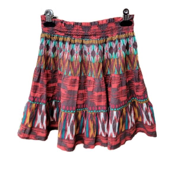 Belle du Jour Red Multicolor Tribal Print Boho Tiered Ruffle Skirt sz M - Picture 1 of 4